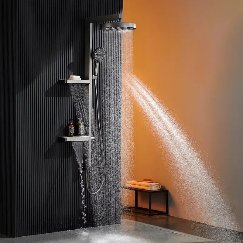 Modern Smart LED Rainfall Shower Set Concrete Mixer Valve Digital Display Temperature Control Bathroom Fixture With Shelf
