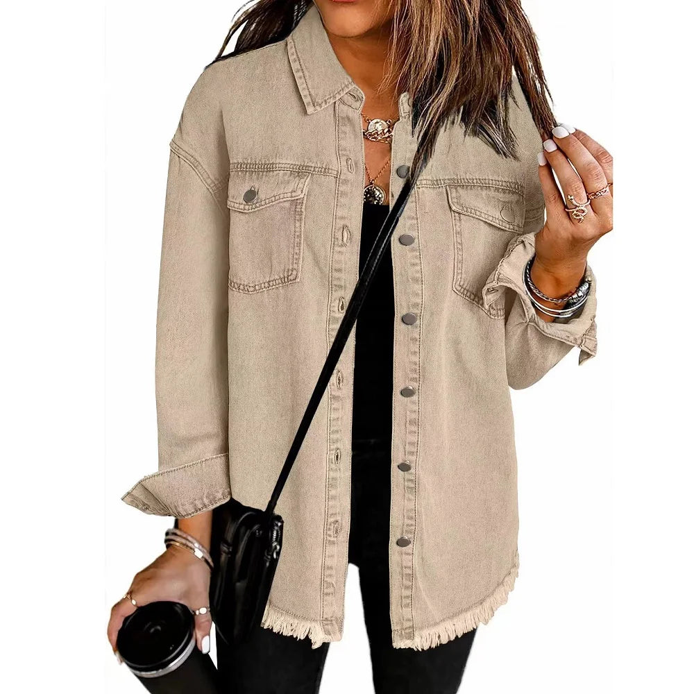 Washed Denim Jacket Women Autumn Tassel Lapel Jeans Jacket Female Casual Loose Long Sleeve Single Breasted Outerwear Shirts Coat