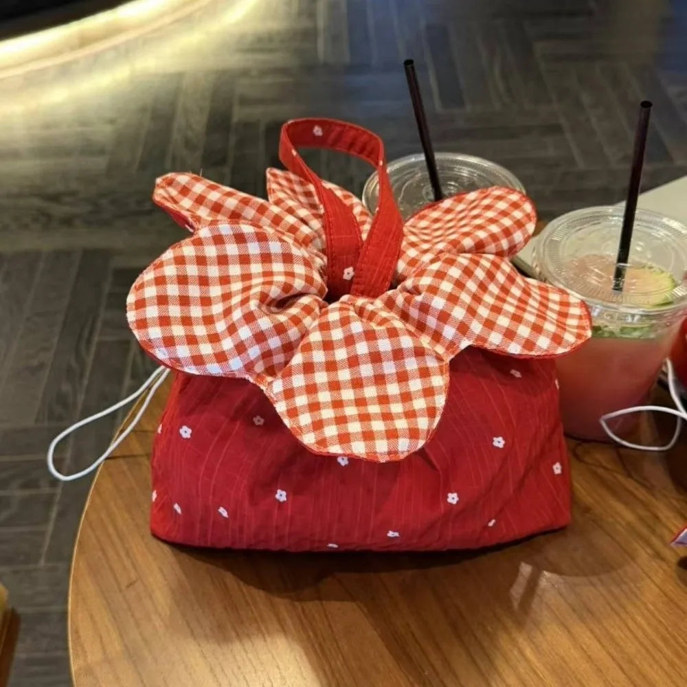 Sweet Flower Drawstring Handbag Cute Plaid Double-Sided Phone Pouch Large Capacity Flower Pattern Clutch Purse Commute Travel
