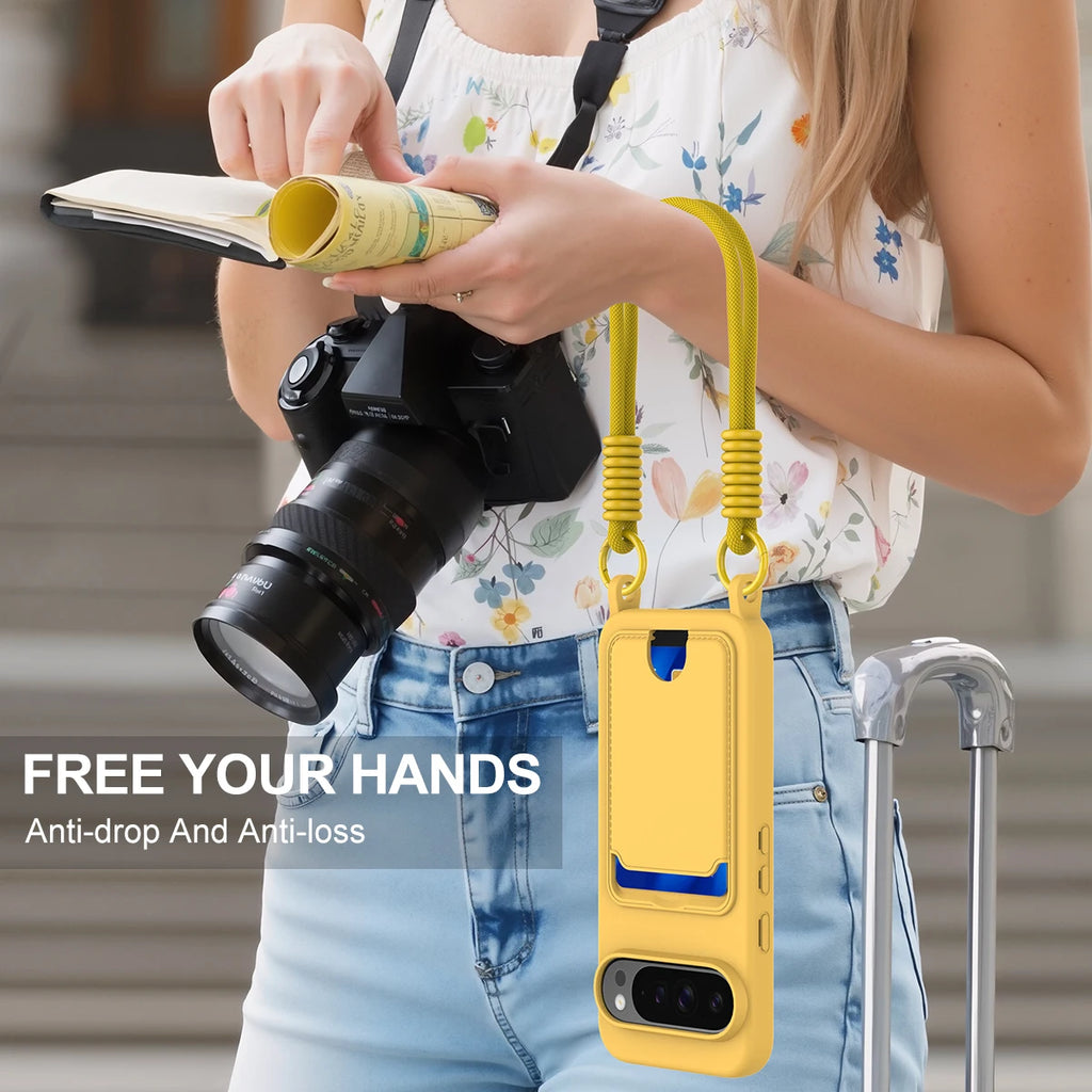 Premium Lanyard Rope Soft Liquid Silicone Phone Case For Google Pixel 10 9 Pro XL ShockProof Wallet Card Holder Protective Cover