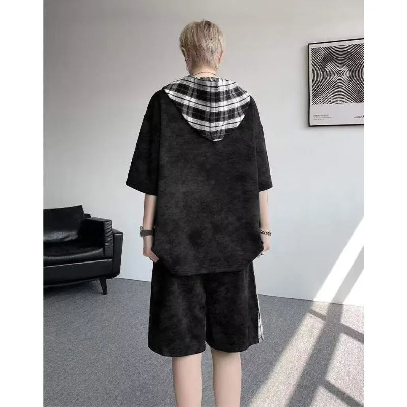 M-8XL Plus Size Men's Clothing Short Sleeved Hooded T-shirt+shorts Pants Sports Set Harajuku, Japan Fashion Casual Two Piece Set