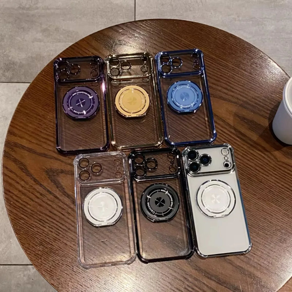 Clear Magnetic Phone Case With 360° Rotating Holder & Lens Protective Film For iPhone 17 Air 16E 15 14 13 12 11 Plus Pro Max