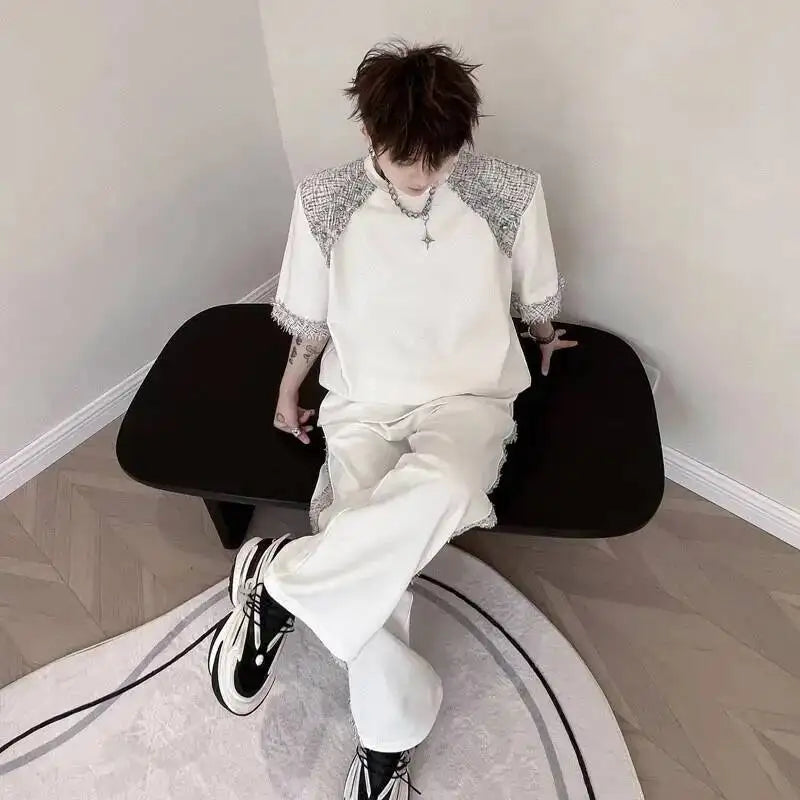 Summer Two Men's Pieces Set Tweed Patchwork Design Short Sleeve T-Shirt And Loose Wide Leg Long Pants Casual Sets OF7V