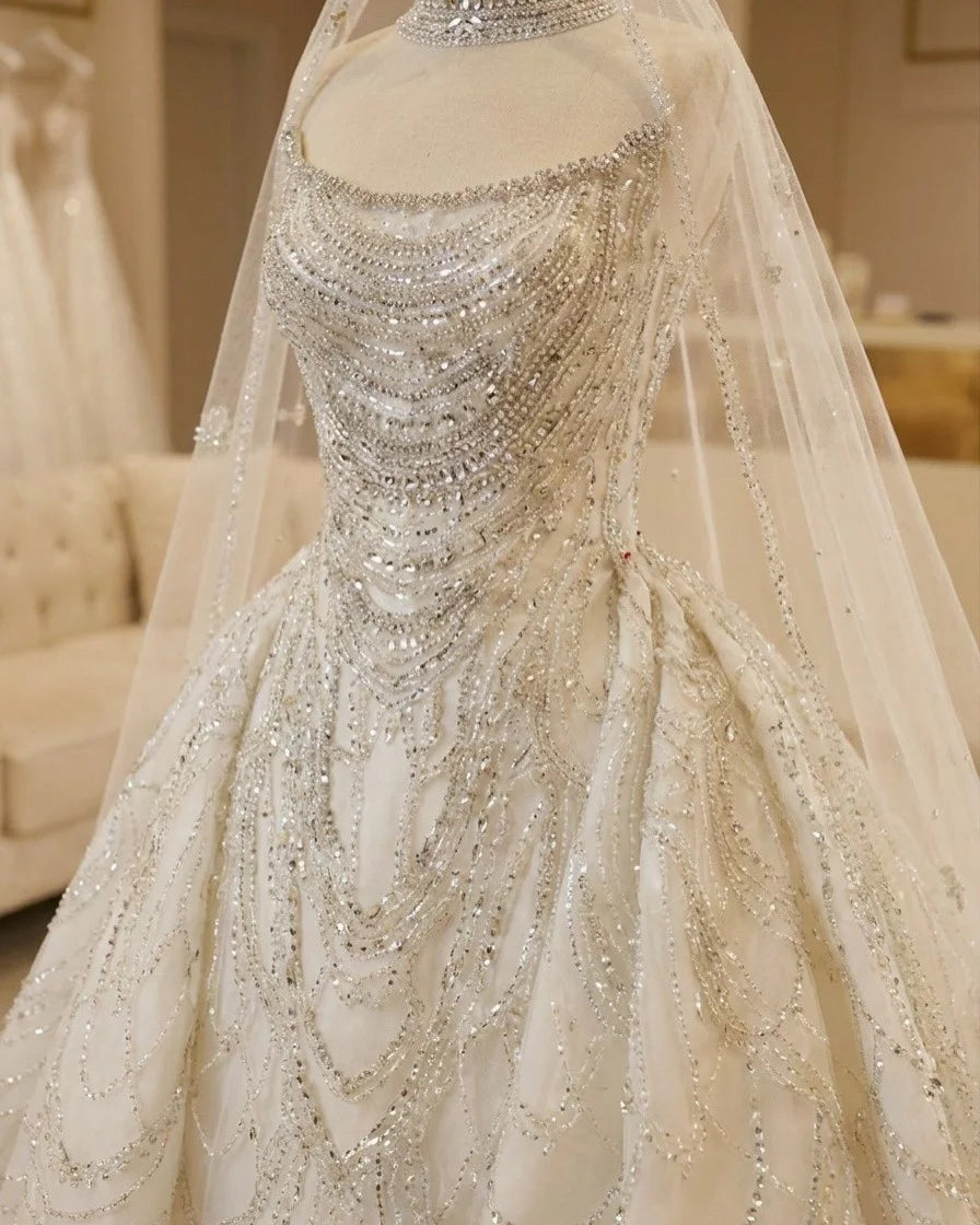 New Strapless Square Neck Luxury Rhinestone Wedding Dress Beaded Corset Cathedral Train Bridal Dress Vestido De Novia Customized