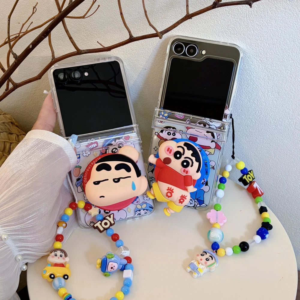 Cute Anime Crayon Shin-chan Magnetic Holder Magsafe Wireless Charge Phone Case For Samsung Galaxy Z Flip 8 7 6 5 Hard TPU Cover