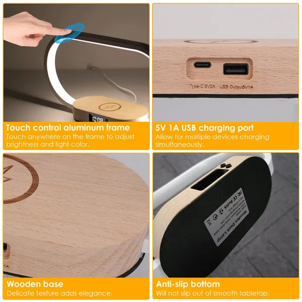 Bedside Table Lamp Touch Control Lamp With Clock Wireless Charging LED