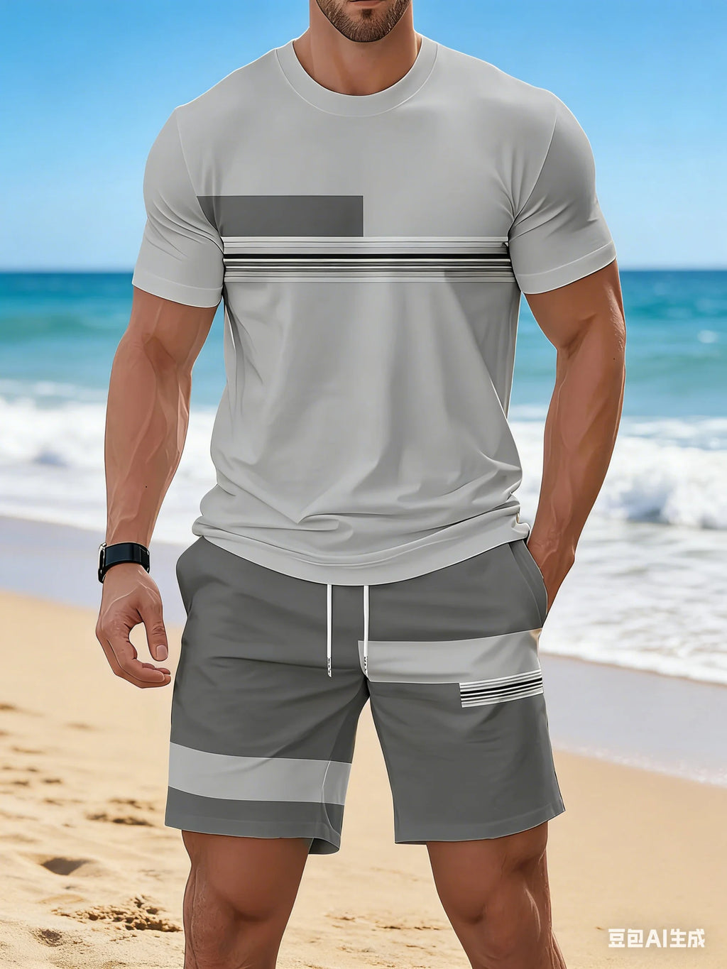 New Summer Men's Sportswear Striped Short-Sleeve T-Shirt Set Two-Piece Outdoor Travel Apparel Relaxed-Fit Shorts Training Wear