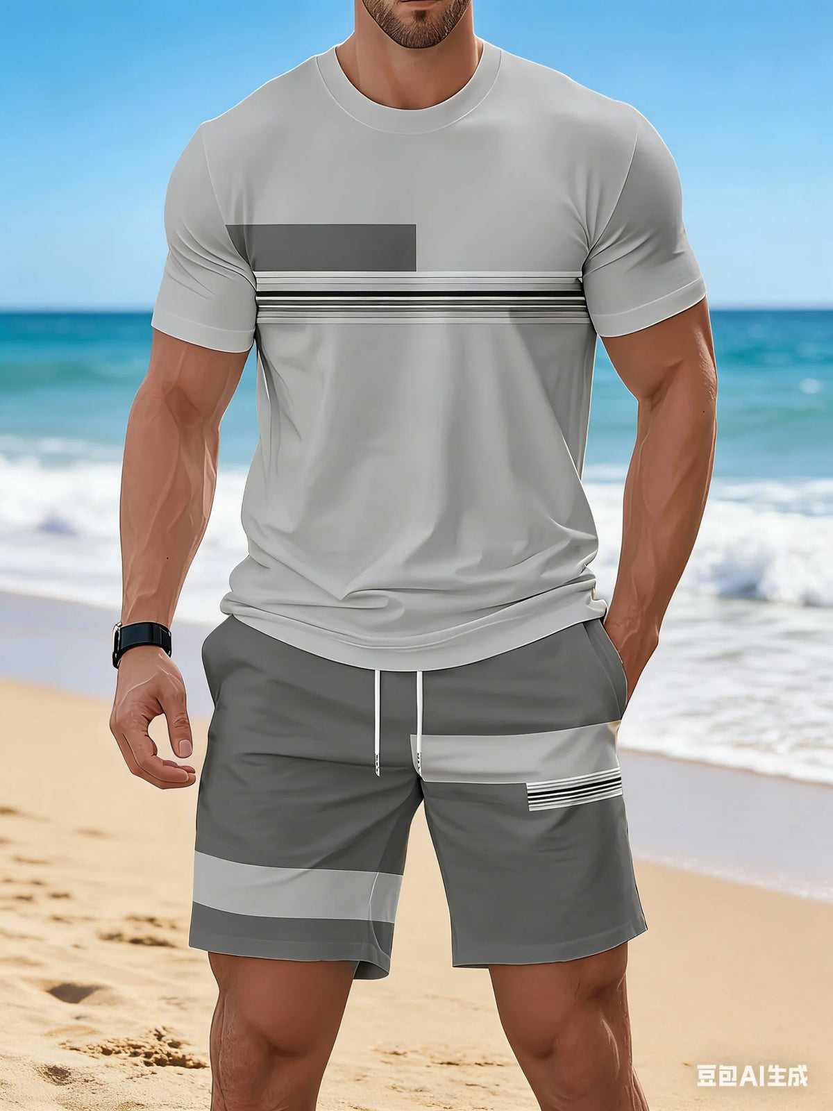 New Summer Men's Sportswear Striped Short-Sleeve T-Shirt Set Two-Piece Outdoor Travel Apparel Relaxed-Fit Shorts Training Wear