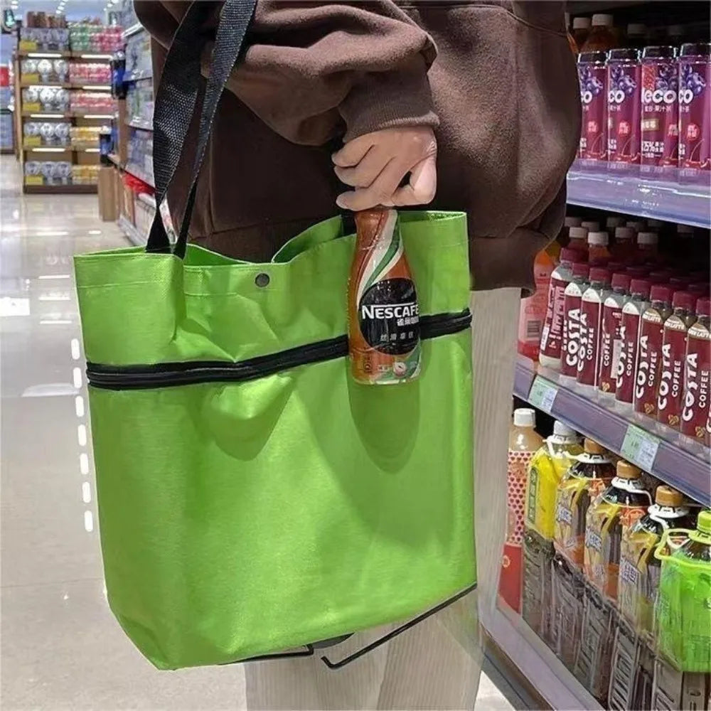 Foldable Shopping Bags with Wheels Portable Roller Tote Grocery Market Cart Caddy Oxford Fabric Reuseable Lightweight Bags Green