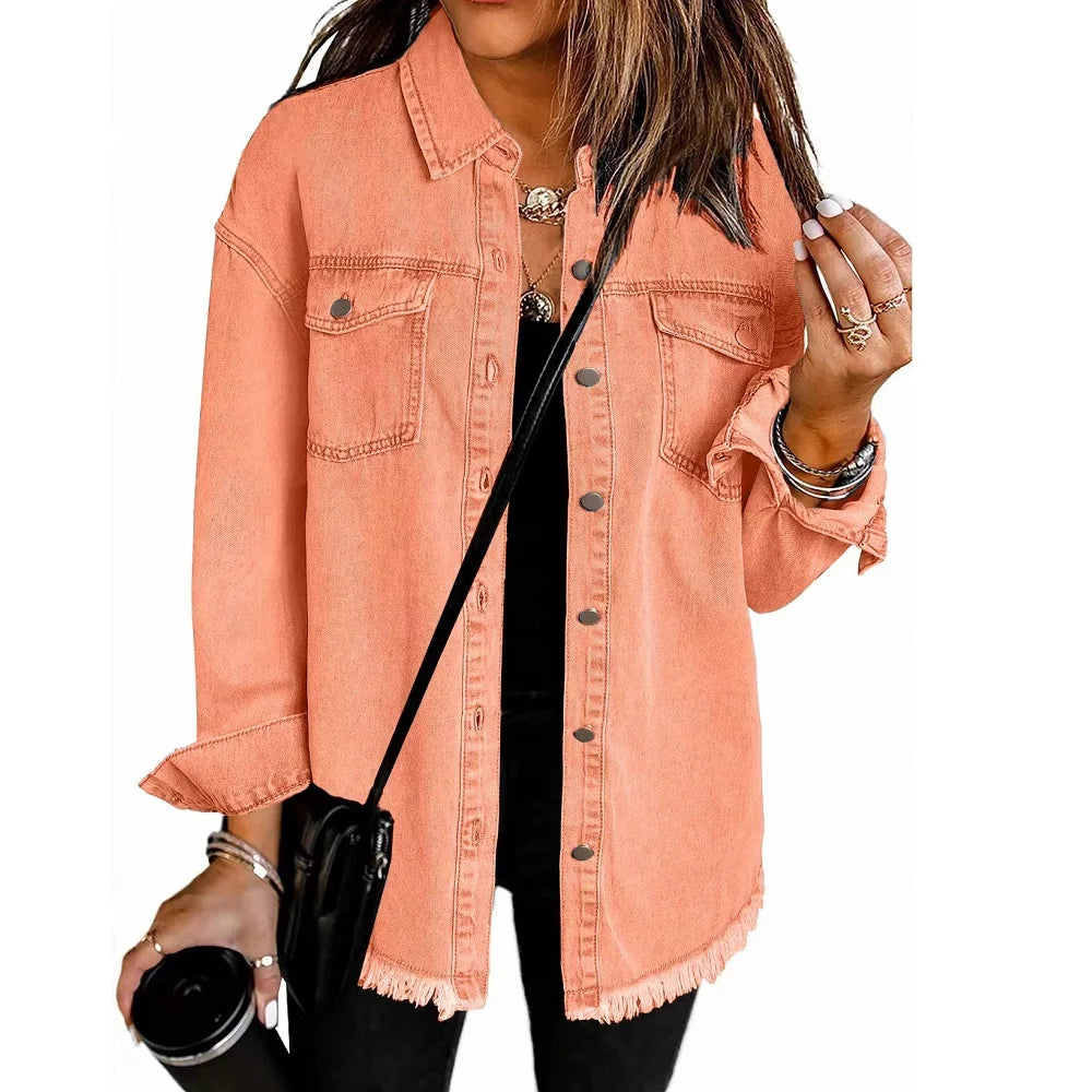 Washed Denim Jacket Women Autumn Tassel Lapel Jeans Jacket Female Casual Loose Long Sleeve Single Breasted Outerwear Shirts Coat