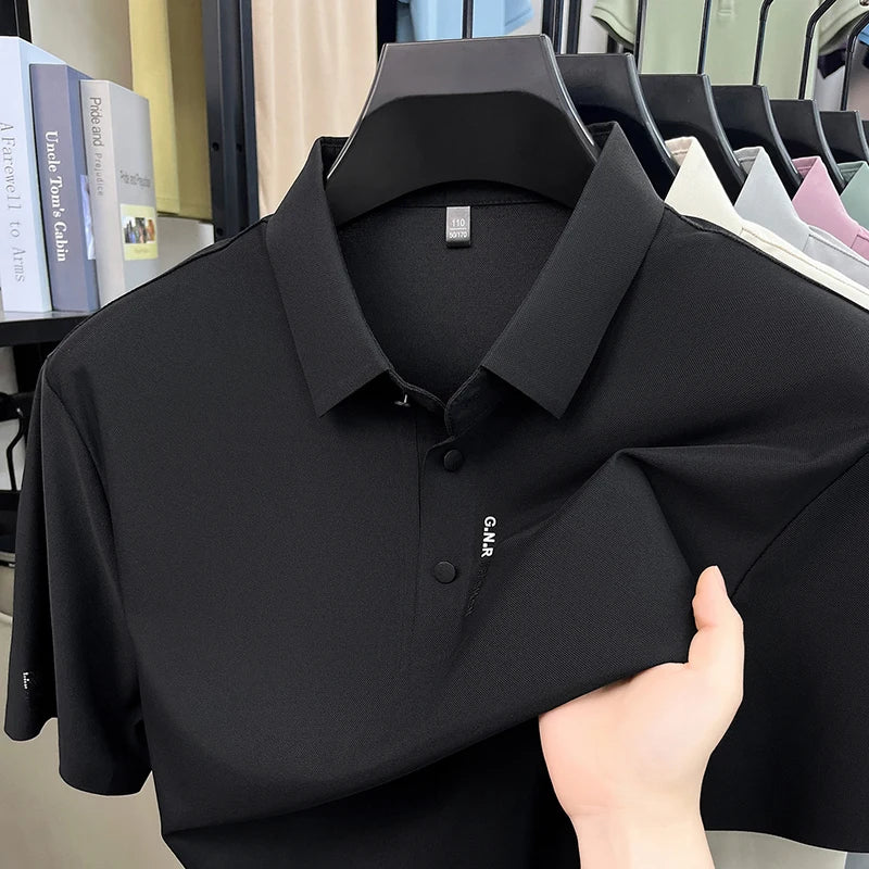 Luxury brand ice silk short sleeve polo shirt men's new fashion letter embossed summer breathable casual business lapel T-shirt