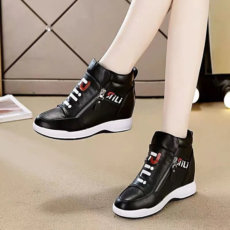 Height Increasing Casual Women Shoes Leather Black White Platform Wedge Sneakers Women 2026 Ladies Shoes Woman Chaussures Femme