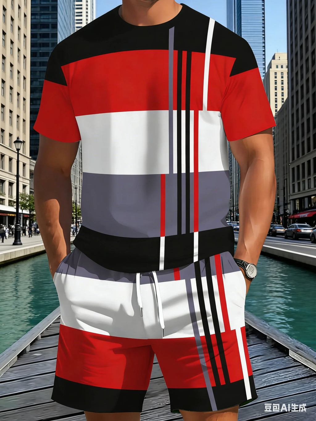 New Summer Men's Sportswear Striped Short-Sleeve T-Shirt Set Two-Piece Outdoor Travel Apparel Relaxed-Fit Shorts Training Wear