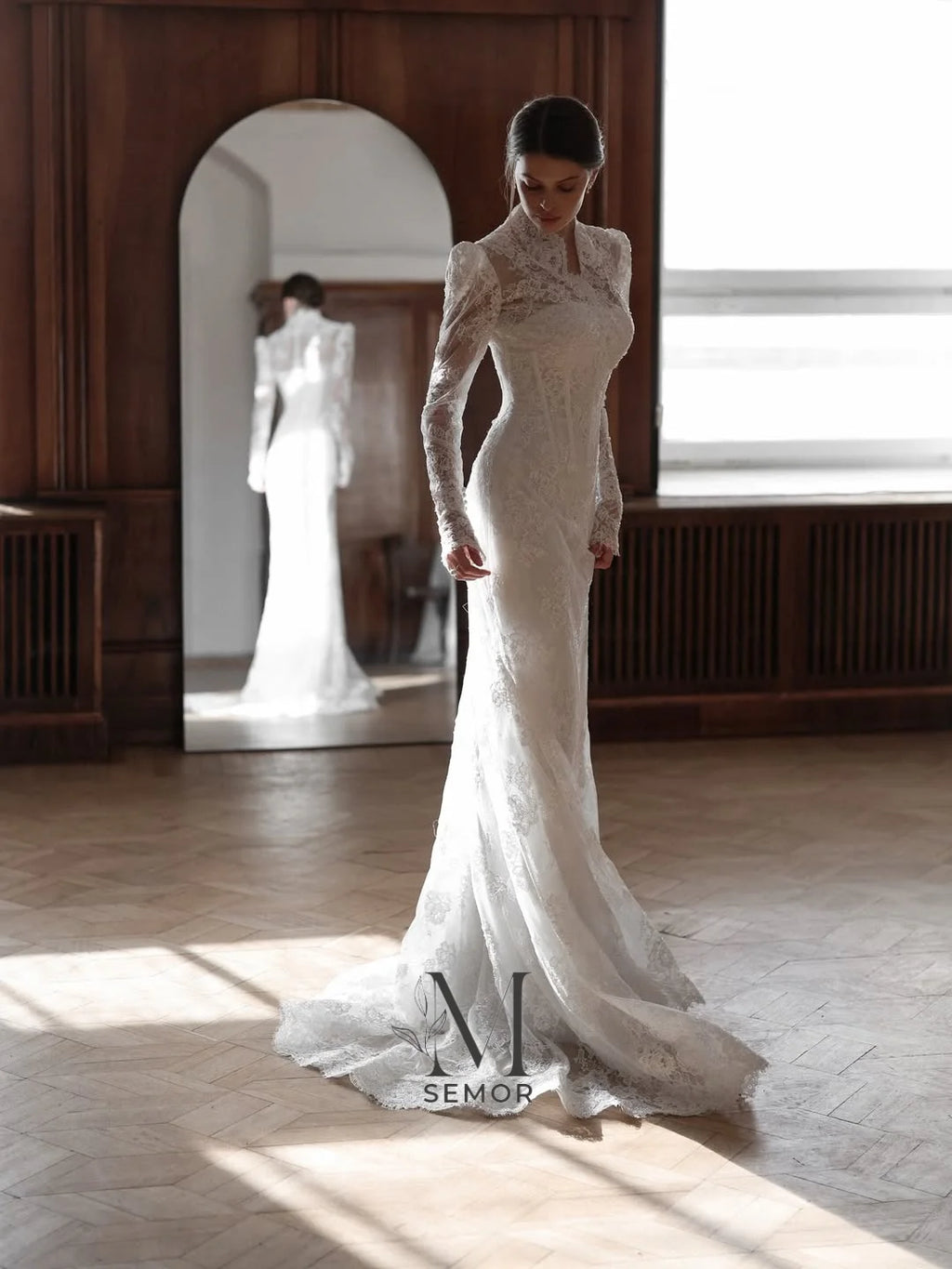 Semor Vintage Ivory Mermaid Lace Wedding Dresses Customized V-Neck Detachable Train Long Sleeves Buttons vestido de casamento