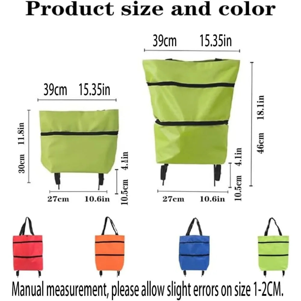 Foldable Shopping Bags with Wheels Portable Roller Tote Grocery Market Cart Caddy Oxford Fabric Reuseable Lightweight Bags Green