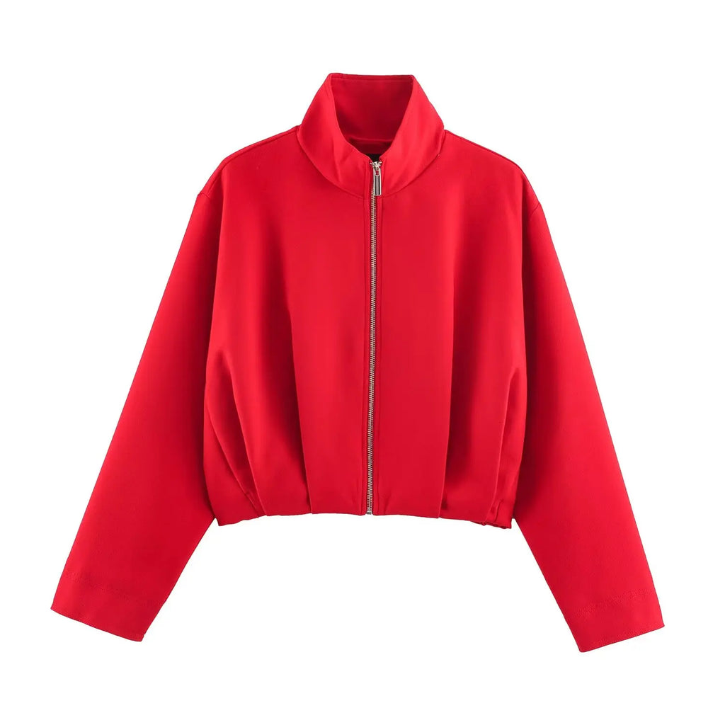 BSAY 2026 Street Hip Hop Women Stand Collar Zip Cropped Bomber Jacket Pleated Detail Long Sleeve Loose Casual Cropped Outerwear