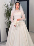 Customized High Collar Long Sleeve Lace Ball Dress A-line Square Collar Shining Bride Dress Church Train Luxury Wedding Dress