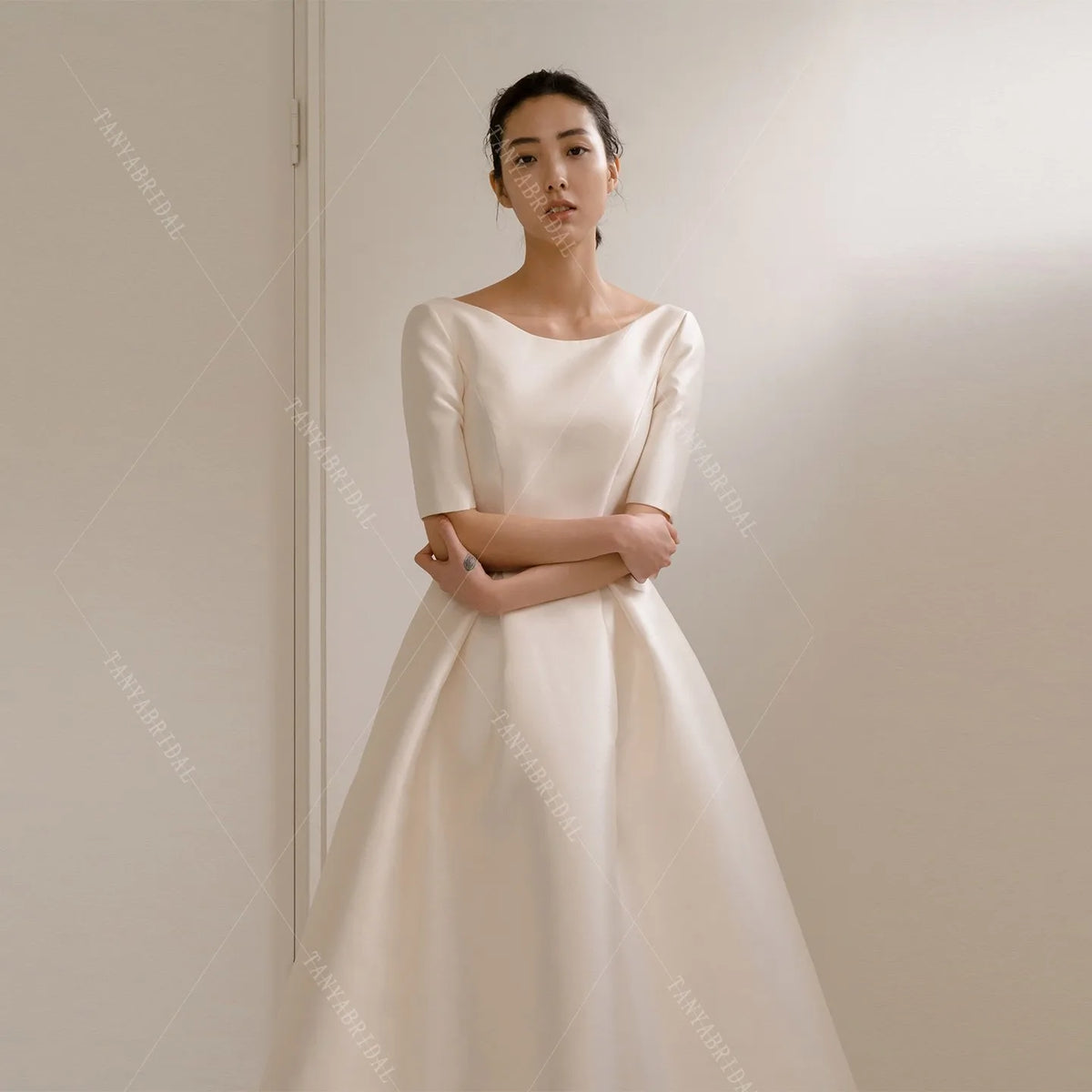 Elegant Mikado Satin Wedding Dress Short Sleeves Floor Length Simple Bridal Photoshoot Dress A Line Bridal Gown Custom Made