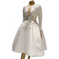 Elegant A Line Knee Length Wedding Dresses Silver Embroidery Long Sleeves V-Neck Vintage Bride Formal Reception Gown Customized
