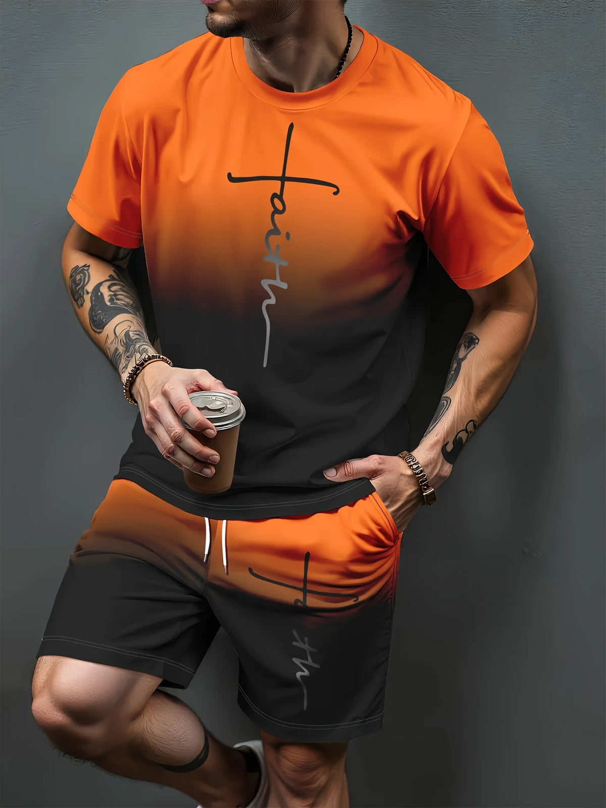 Gradient Letter Pattern 3D Print Tracksuits Men Women Casual Short Sleeve T-Shirt Shorts Sets 2pcs Sportswear Suits Man Clothing
