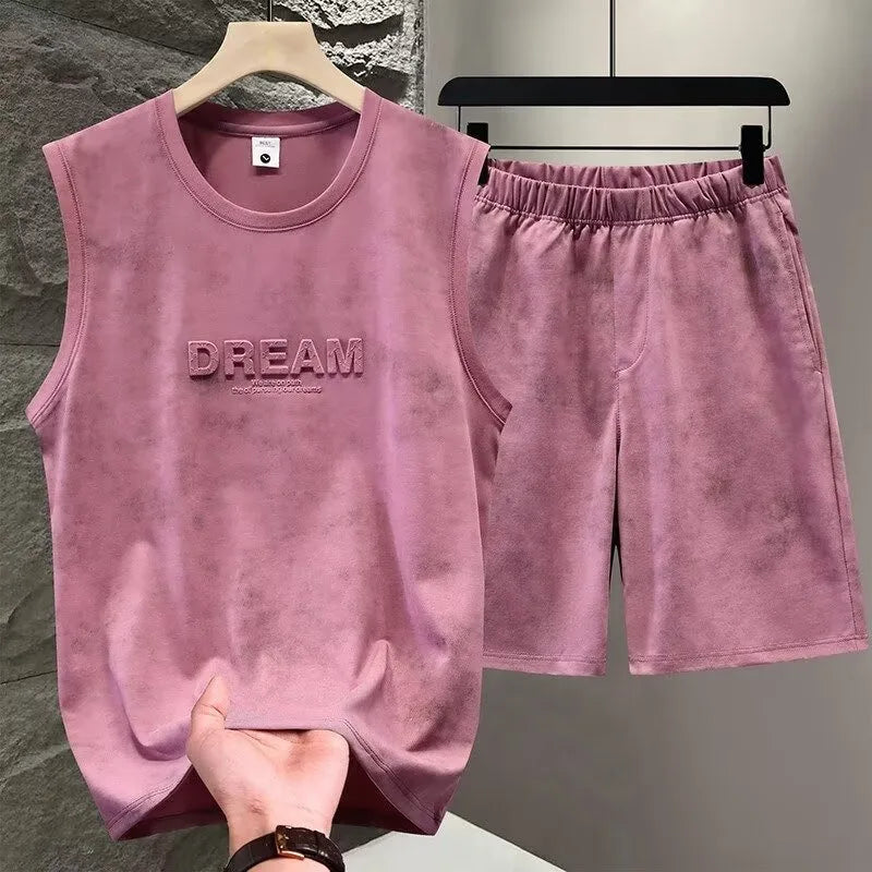 Summer 2pcs Tie Dye Vest Sets Men Two Piece Sleeveless Thin Foaming Print T-Shirts + Shorts Sets Korean Streetwear Tracksuit Man