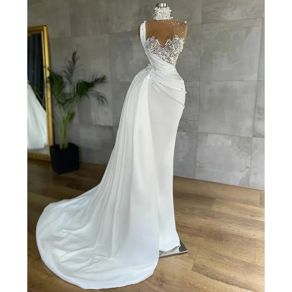 Customized Mermaid Wedding Dresses with Detachable Train Pearls Applique Beaded Bridal Gowns High Neck Robes De Mariee Vestidos