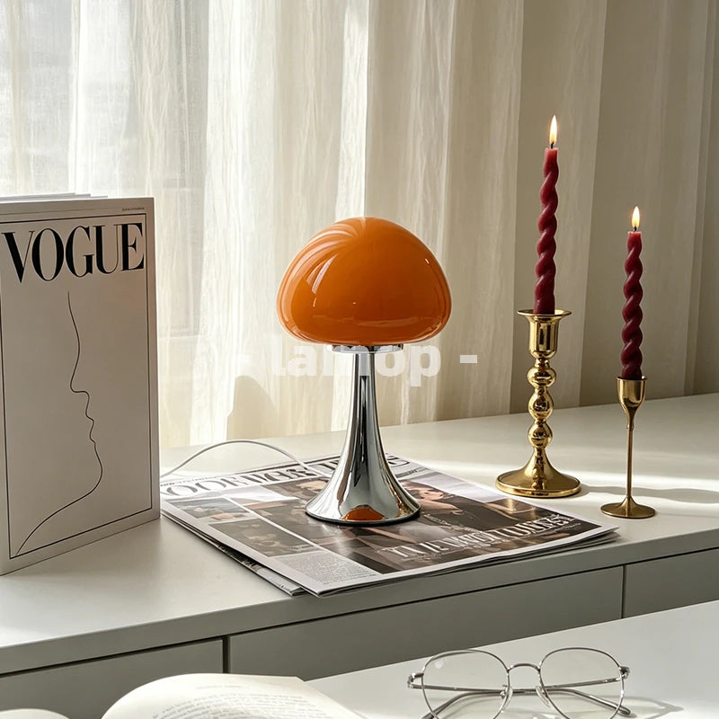 Murano Glass Milky Yellow Half Dome Mushroom Flared Base Table Lamp Cream Wood 3 Tone Soft Light Bedroom Nightstand Decor Lamp
