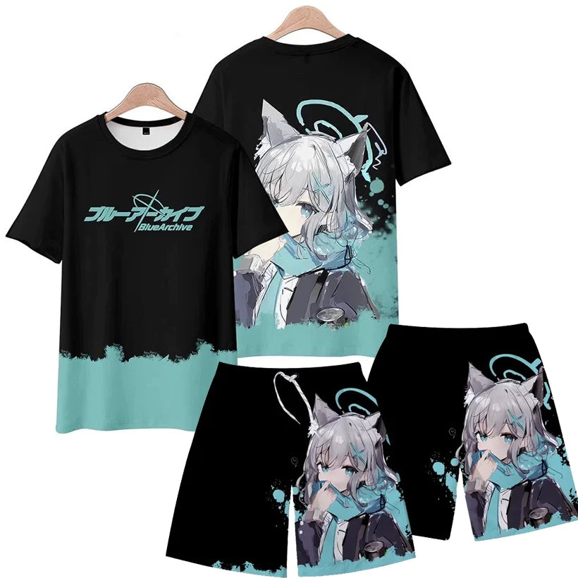 Men's Suits Anime Blue Archive Takanashi Hoshino 3D Print T-Shirts Shorts 2-Piece Sets Tracksuits Oversized Outfits Man Clothing