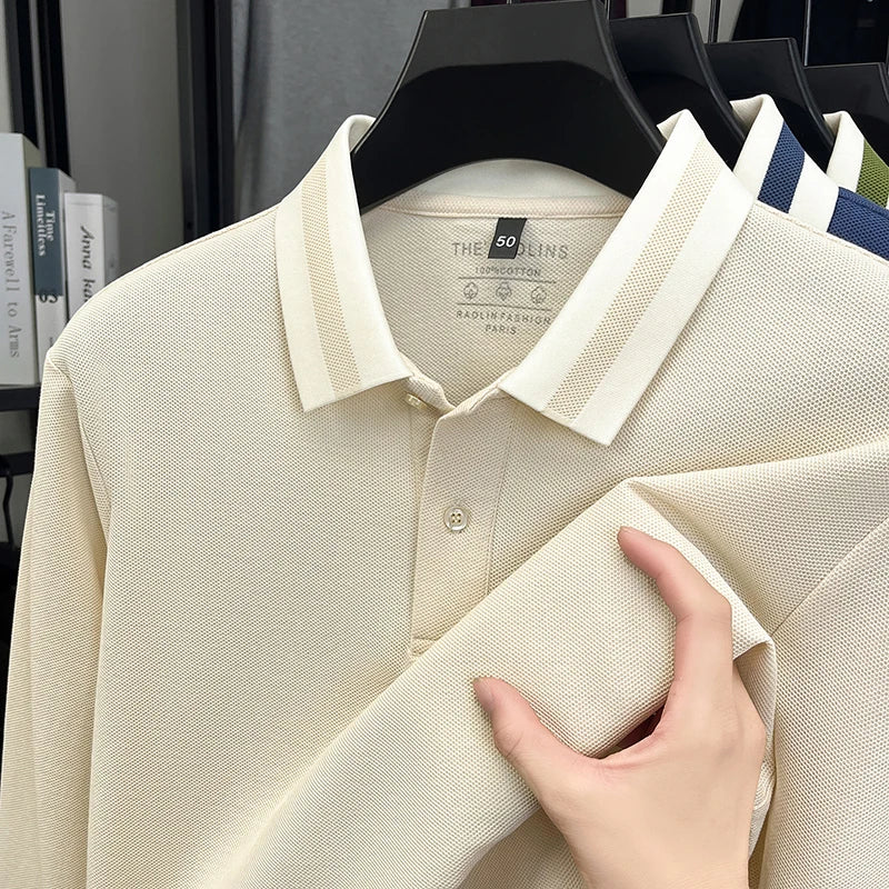 100% pure cotton luxury brand men's long sleeved polo shirt autumn fashion item striped design golf top casual business T-shirt