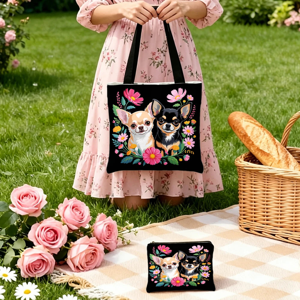 Chihuahua Dog Print Handbag Black Floral Pattern Tote Bags And Makeup Bag Combination For Shopping And Travel Portable Pouch