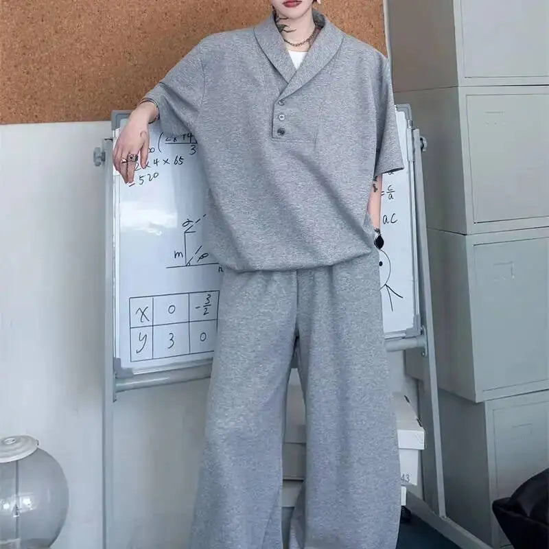 Grey New Summer Men's Two Pieces Set Turn Down Collar Fake Short Sleeve Sweatshirt And Casual Wide Leg Long Pants GPBW