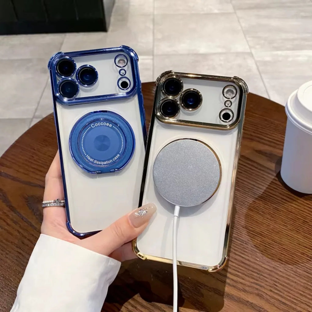 Clear Magnetic Phone Case With 360° Rotating Holder & Lens Protective Film For iPhone 17 Air 16E 15 14 13 12 11 Plus Pro Max