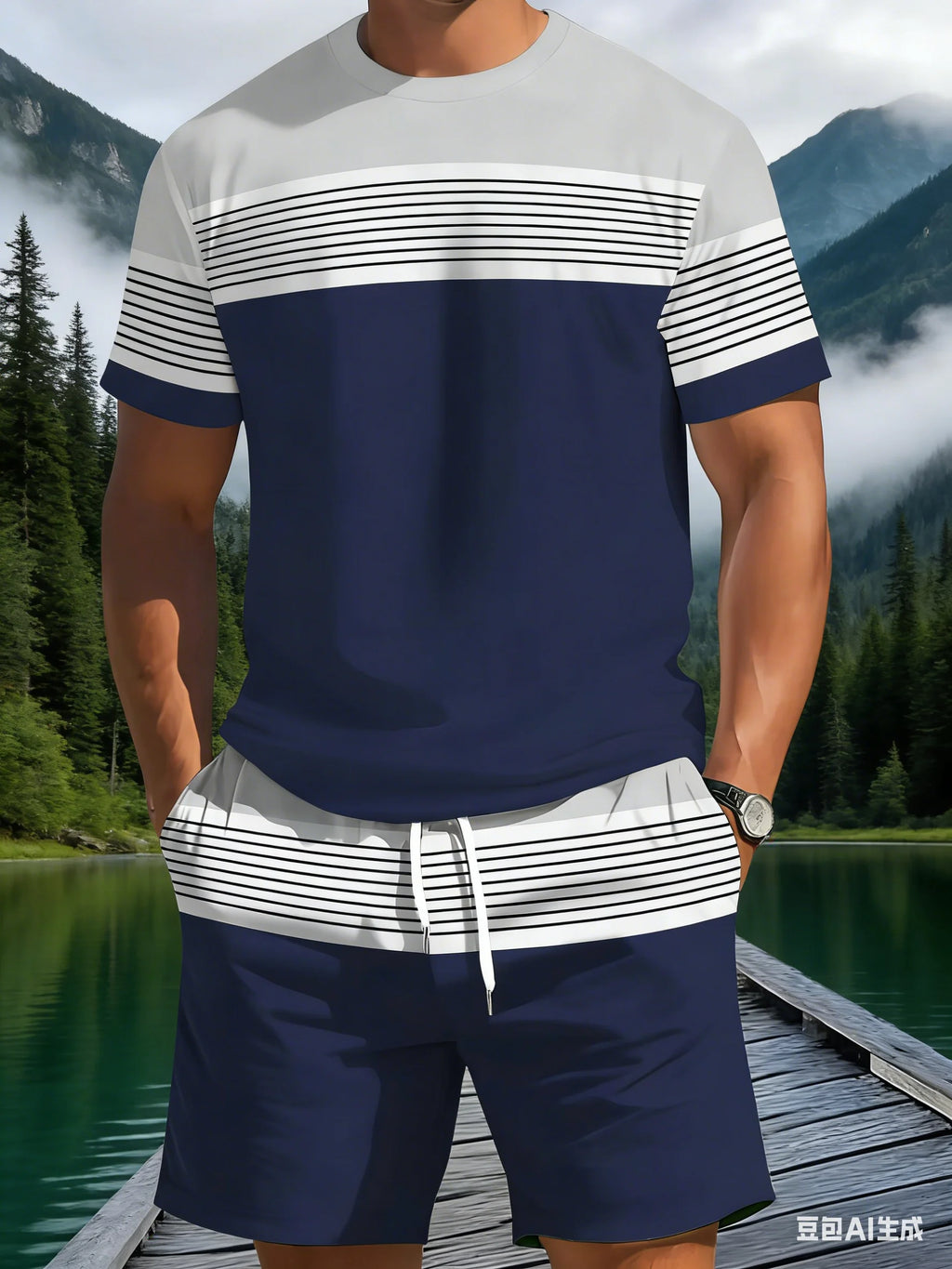 New Summer Men's Sportswear Striped Short-Sleeve T-Shirt Set Two-Piece Outdoor Travel Apparel Relaxed-Fit Shorts Training Wear