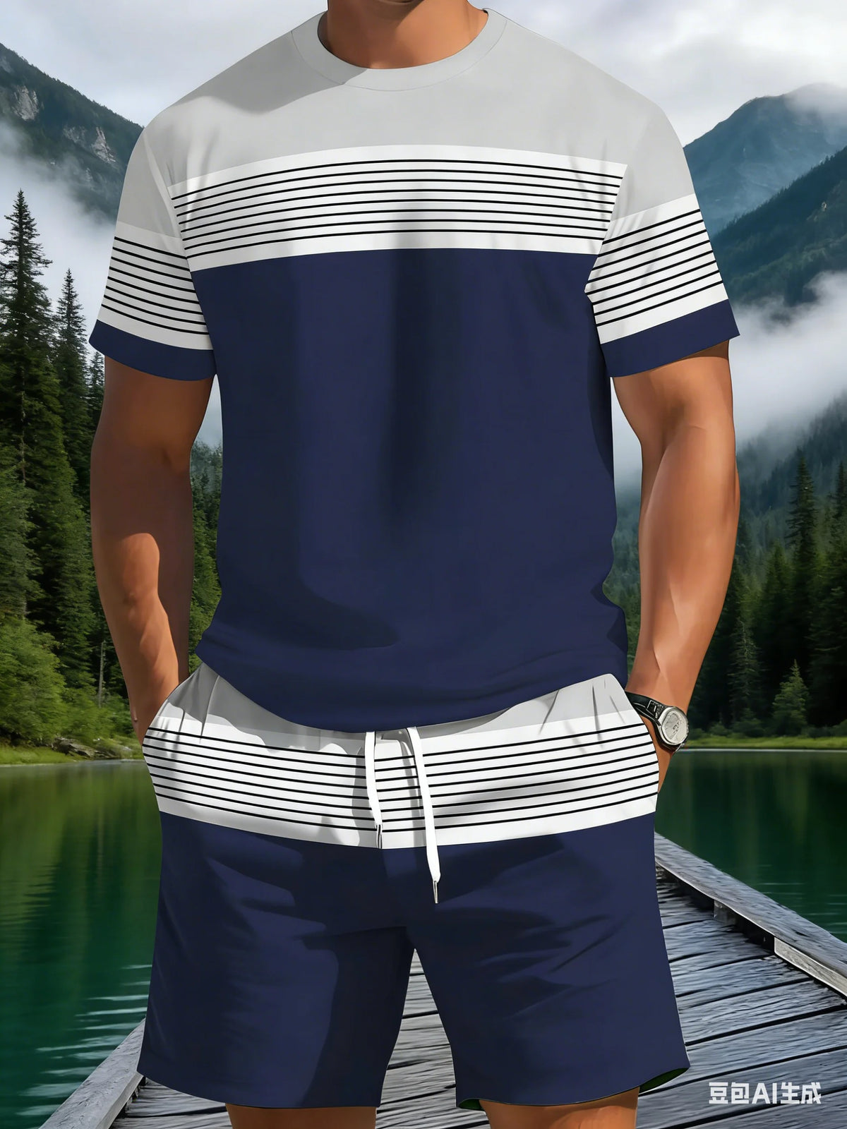 New Summer Men's Sportswear Striped Short-Sleeve T-Shirt Set Two-Piece Outdoor Travel Apparel Relaxed-Fit Shorts Training Wear