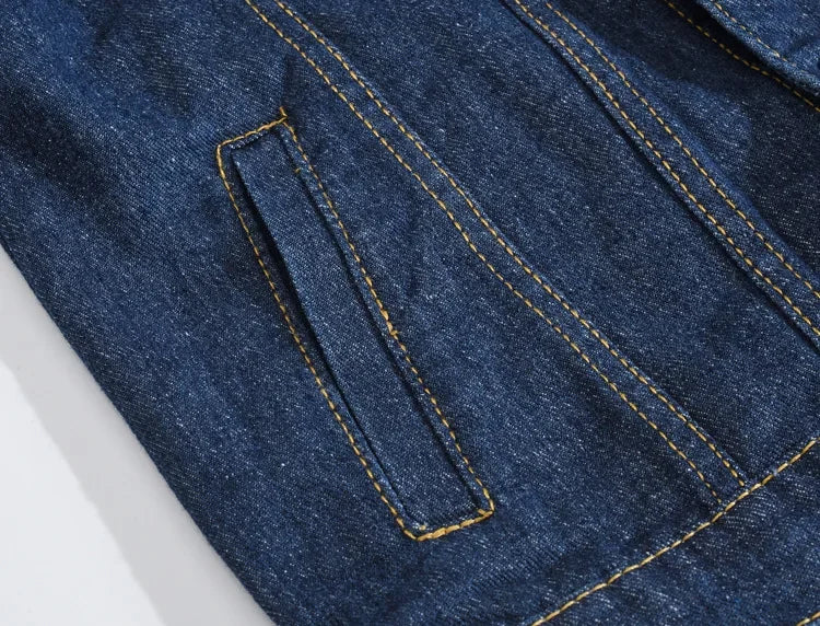 Spring Autumn New Fashion Men's Casual Trendy Slim Dark Blue Solid Color Jeans Jacket Skorean Multi Pocket Denim Coat Streetwear