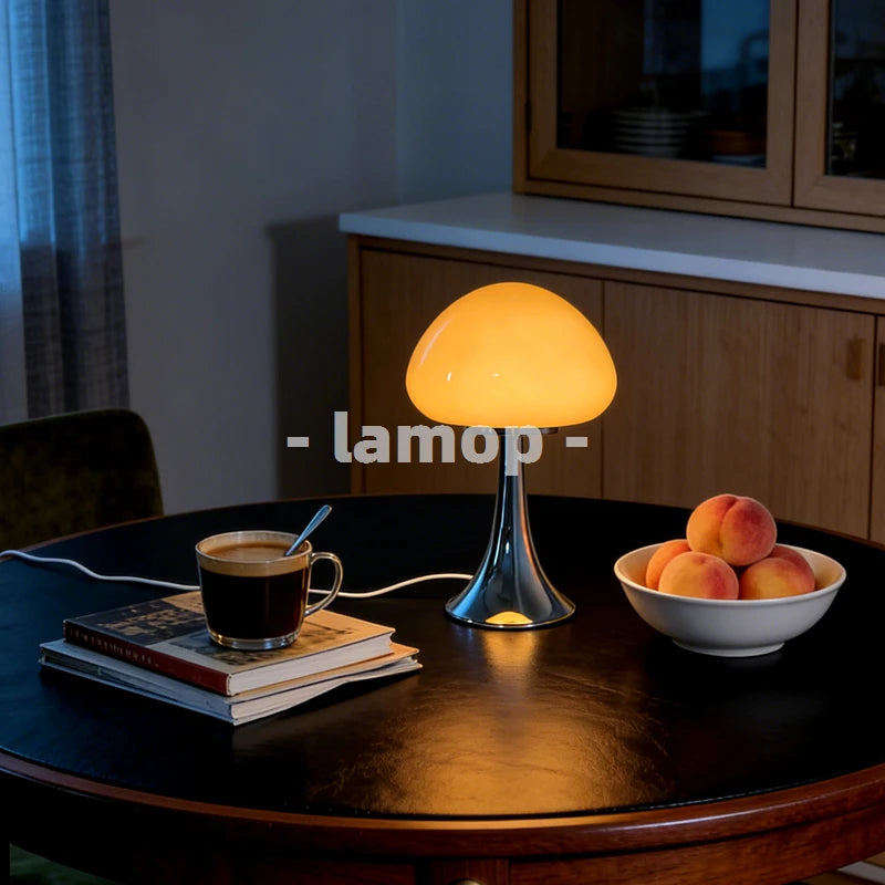 Murano Glass Milky Yellow Half Dome Mushroom Flared Base Table Lamp Cream Wood 3 Tone Soft Light Bedroom Nightstand Decor Lamp