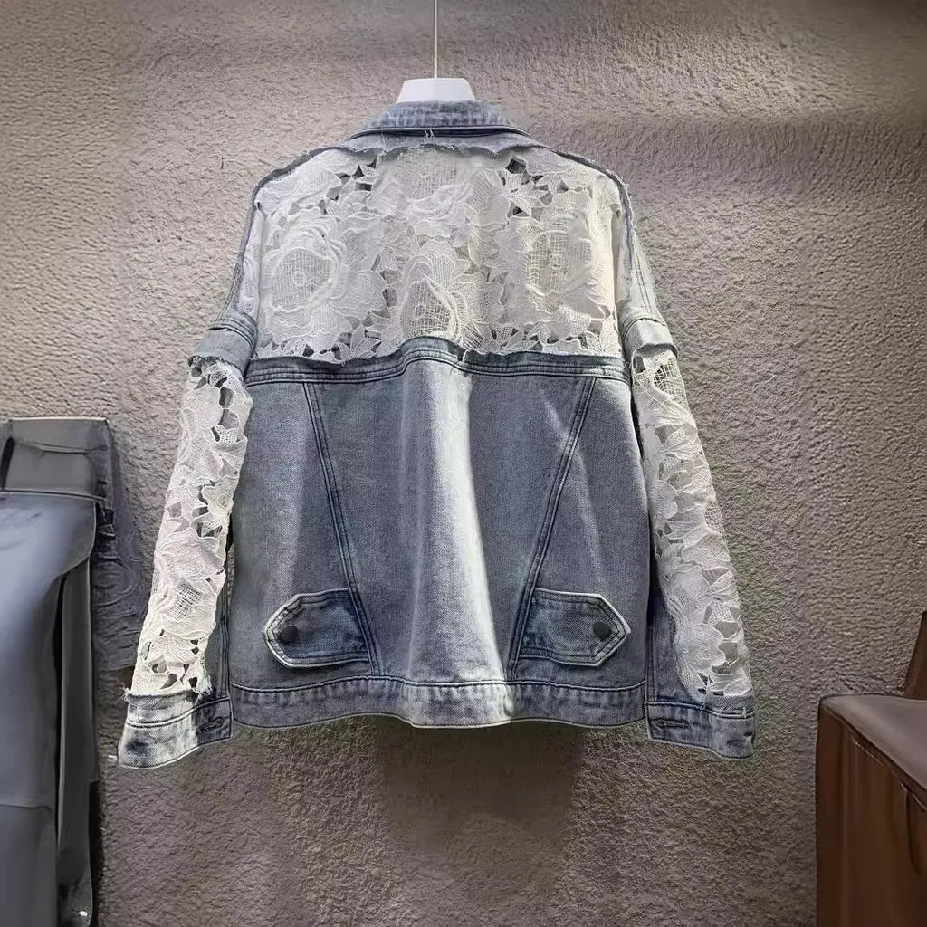 Spliced Embroidery Jacket Women Turn Down Collar Pearls Washed Denim Coats Single Breasted Loose Outerwear Basics Cardigan
