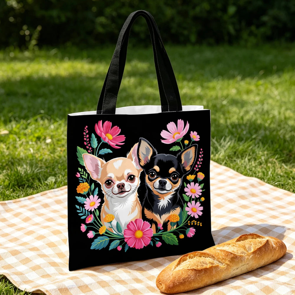 Chihuahua Dog Print Handbag Black Floral Pattern Tote Bags And Makeup Bag Combination For Shopping And Travel Portable Pouch