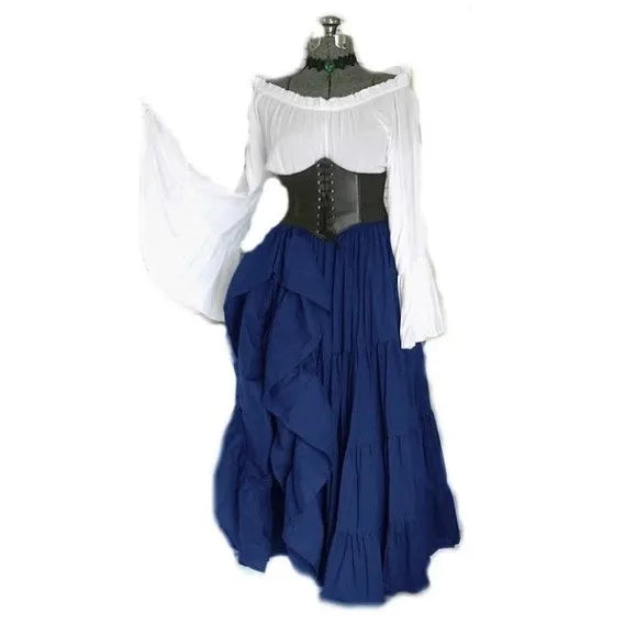 High Waist Long Sleeve Dress Court Style with Flared Sleeve Literary Retro Midi Length Streetwear Medieval Costume for Women