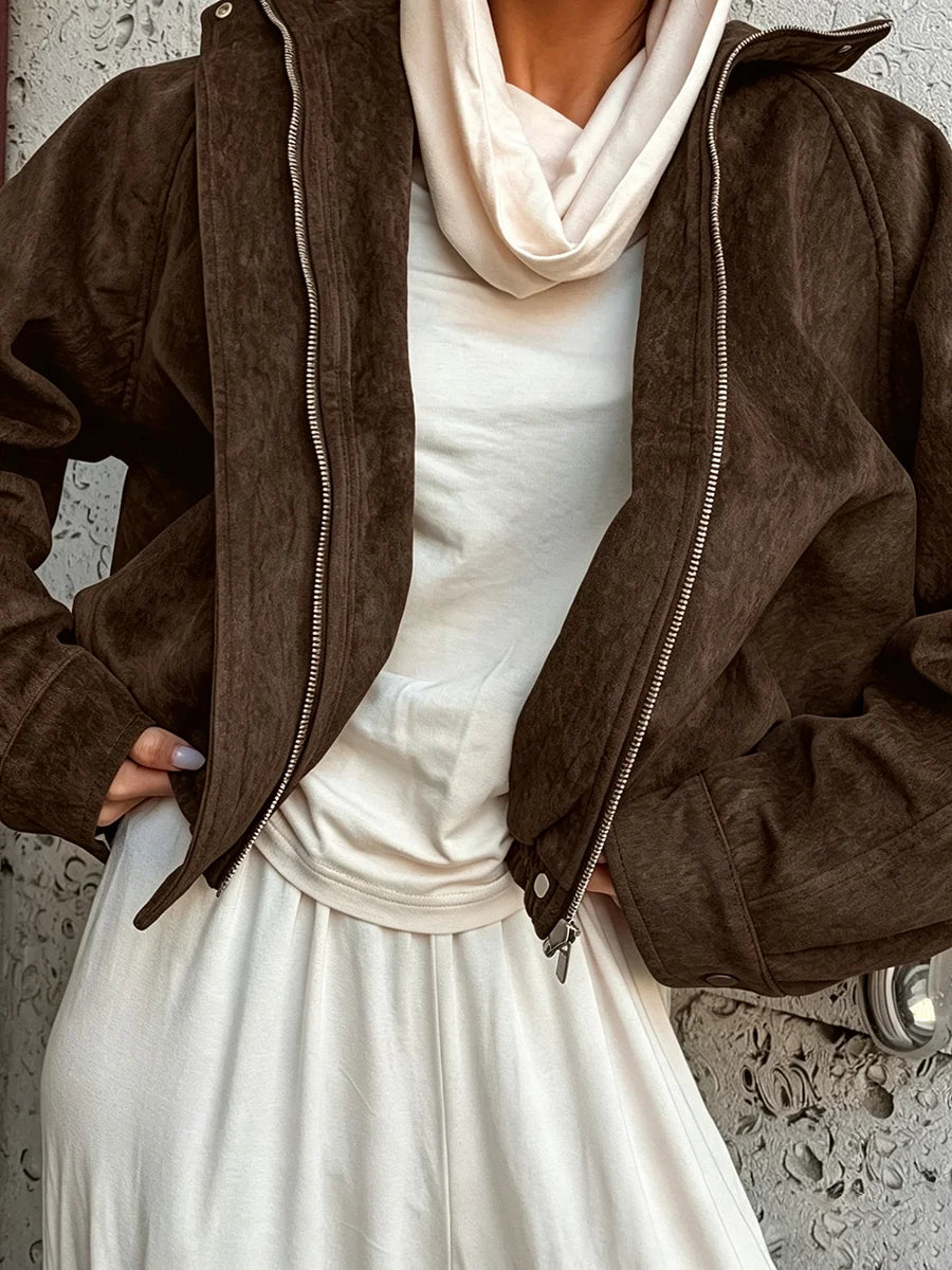 PUAL Women Cropped  Bomber Jacket Full Zip Up Loose Raglan Sleeve Hem Vintage Casual Ladies Outerwear For Autumn Winter