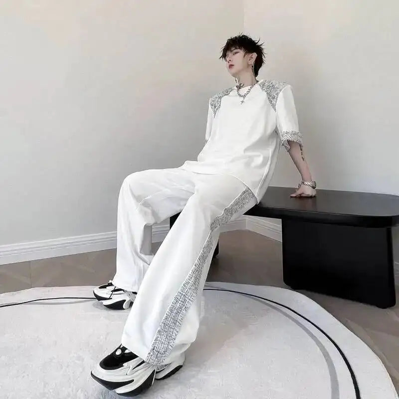 Summer Two Men's Pieces Set Tweed Patchwork Design Short Sleeve T-Shirt And Loose Wide Leg Long Pants Casual Sets OF7V