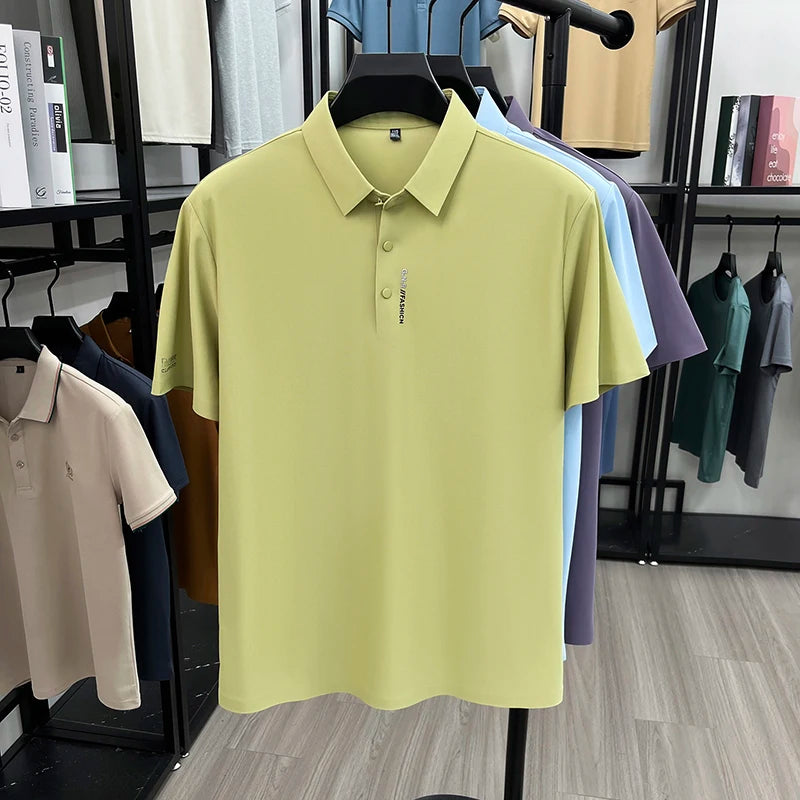 Luxury brand ice silk short sleeve polo shirt men's new fashion letter embossed summer breathable casual business lapel T-shirt