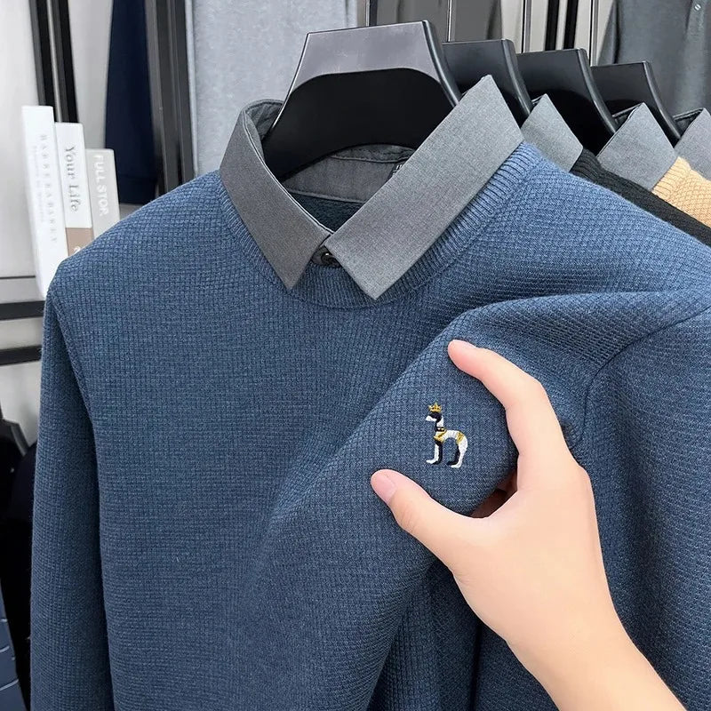 Luxury brand men's long sleeved flip over collar pullover winter fashion new item puppy  embroidery top casual warm knit sweater