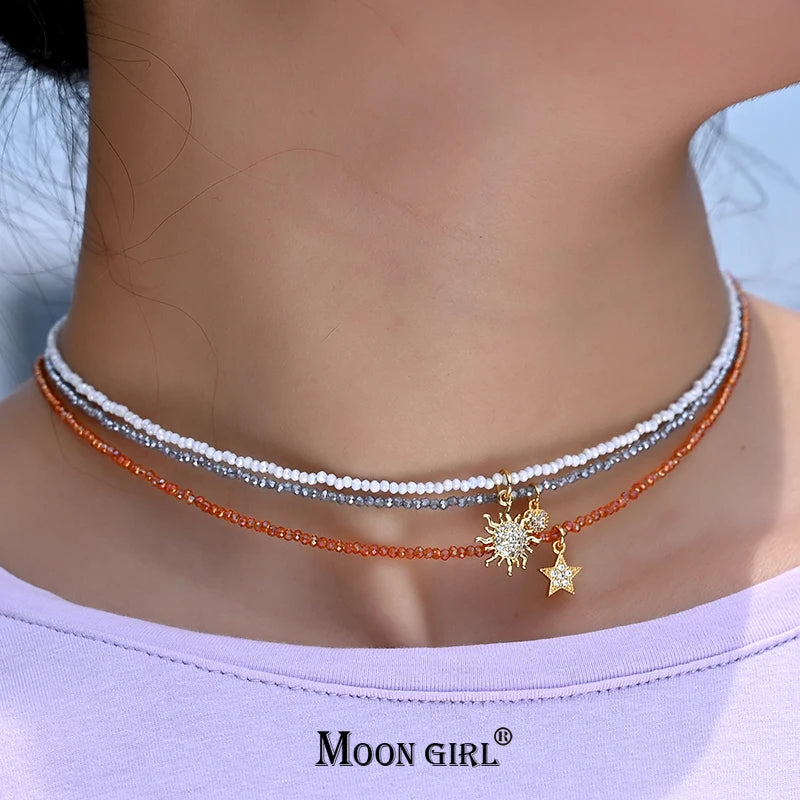 Stainless Steel Crystal Necklace for Women Ice Beads Star Sunflower