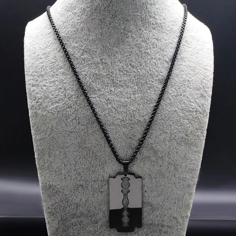 Gothic Blade Razor Pendant Necklaces Men Black Color Stainless Steel