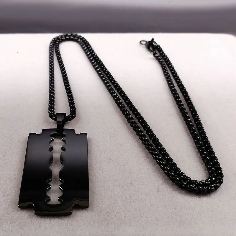Gothic Blade Razor Pendant Necklaces Men Black Color Stainless Steel