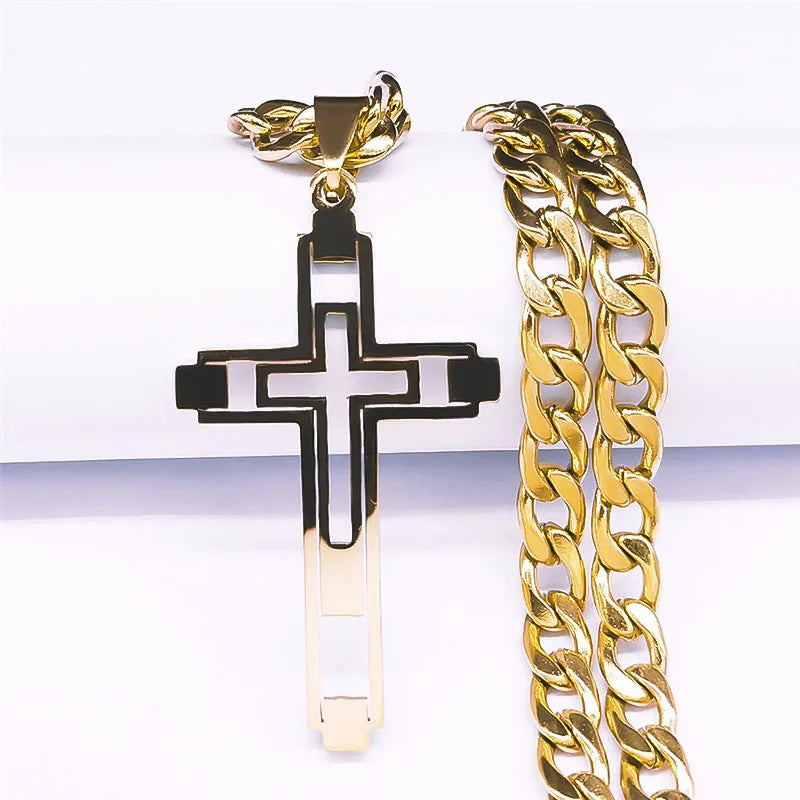 Hip Hop Cross Stainless Steel Chain Necklaces Gold Color Long Pendant
