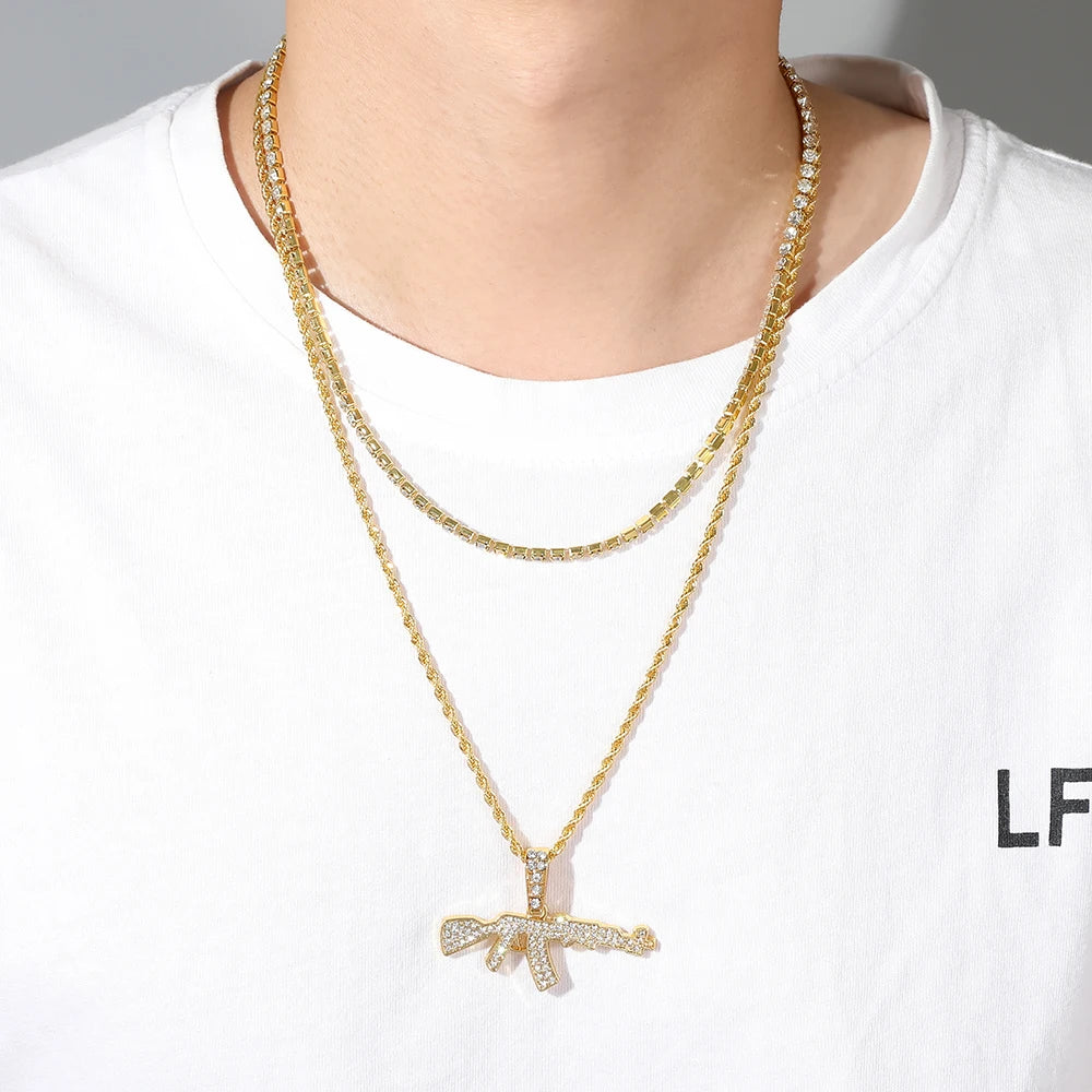 Fashion Punk Hip-Hop Submachine Gun Pendant Necklace Silver Gold Tone