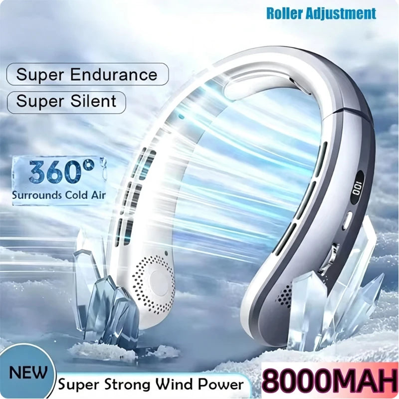 8000mAh Hanging Neck Fan Portable Bladeless USB Rechargeable Mute LED