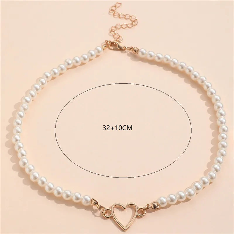 Trendy Love Heart Pearl Choker Necklace Female Personality Party